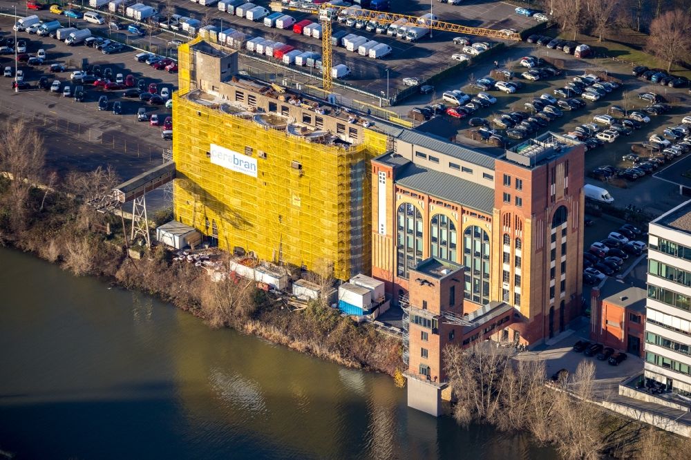Aerial image Düsseldorf - Construction site for the conversion of the former Plange mill to an office and commercial building in Dusseldorf in the federal state of North Rhine-Westphalia, Germany