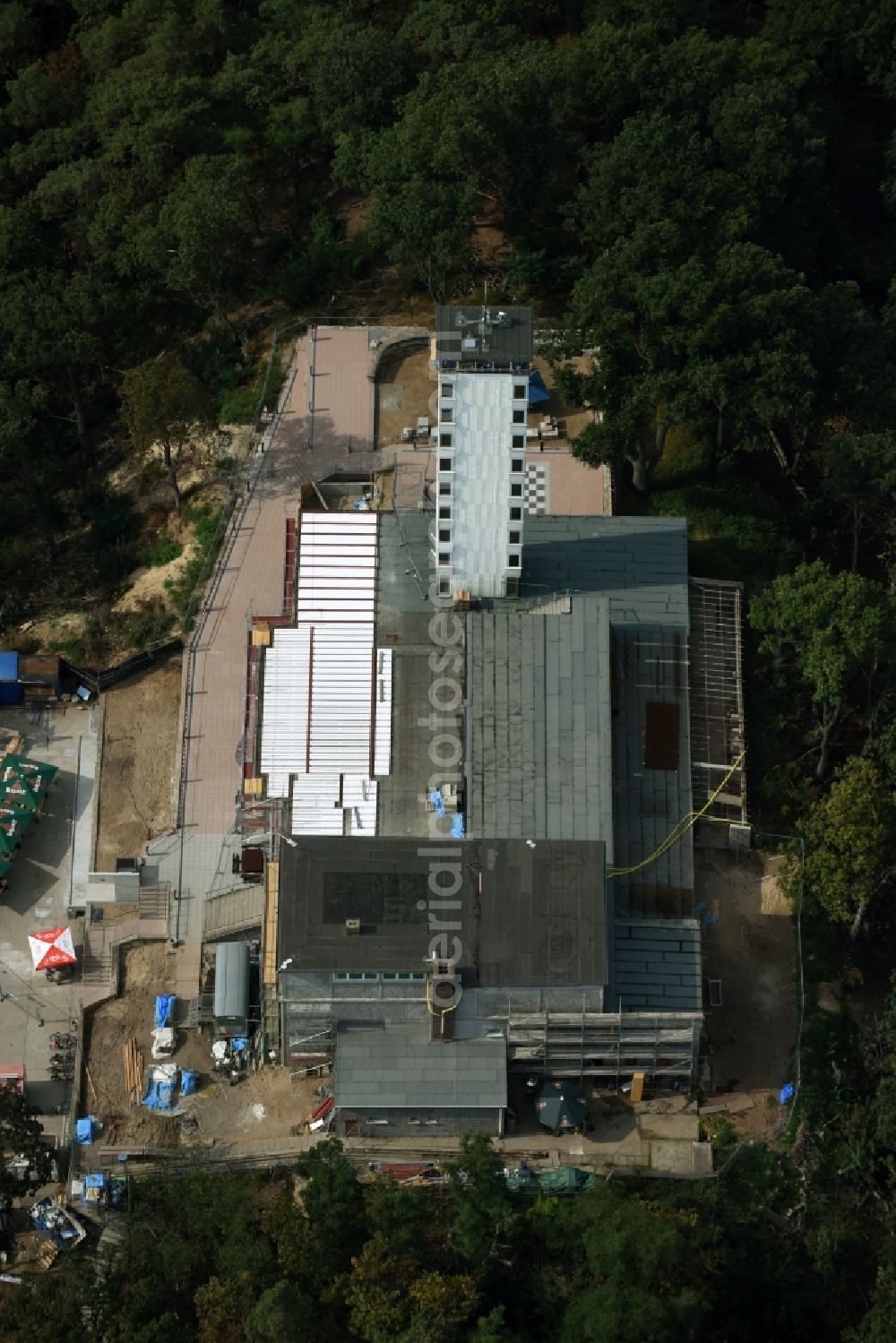 Aerial photograph Berlin - Site for the reconstruction of the tower- building ensemble of Mueggelturm in the forest Mueggelbergen Koepenick in Berlin