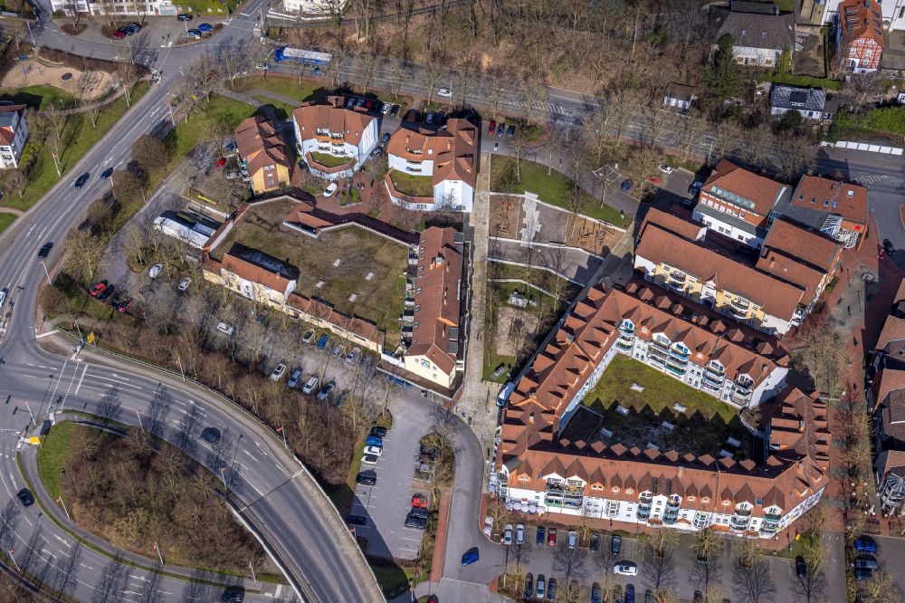 Fröndenberg/Ruhr from above - Construction site for the design of a supplementary new building of the existing park with paths and green areas in Wohngebiet on Bruayplatz - Winschotener Strasse in Froendenberg/Ruhr in the state North Rhine-Westphalia, Germany