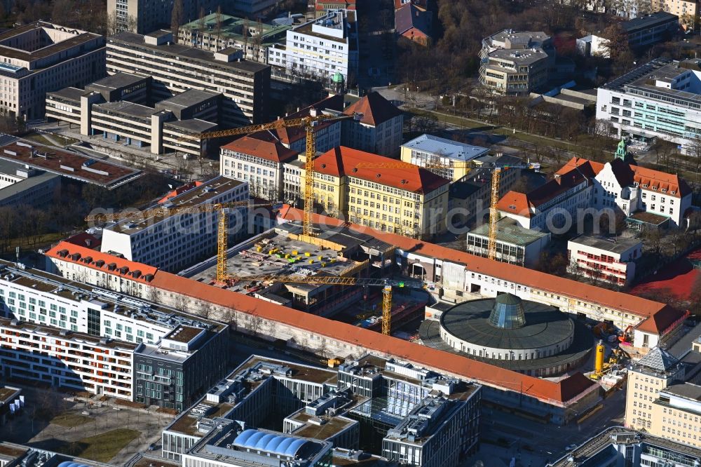München from above - Construction for the reconstruction of Postpalast in ein Hotel on Arnulfstrasse in the district Maxvorstadt in Munich in the state Bavaria, Germany