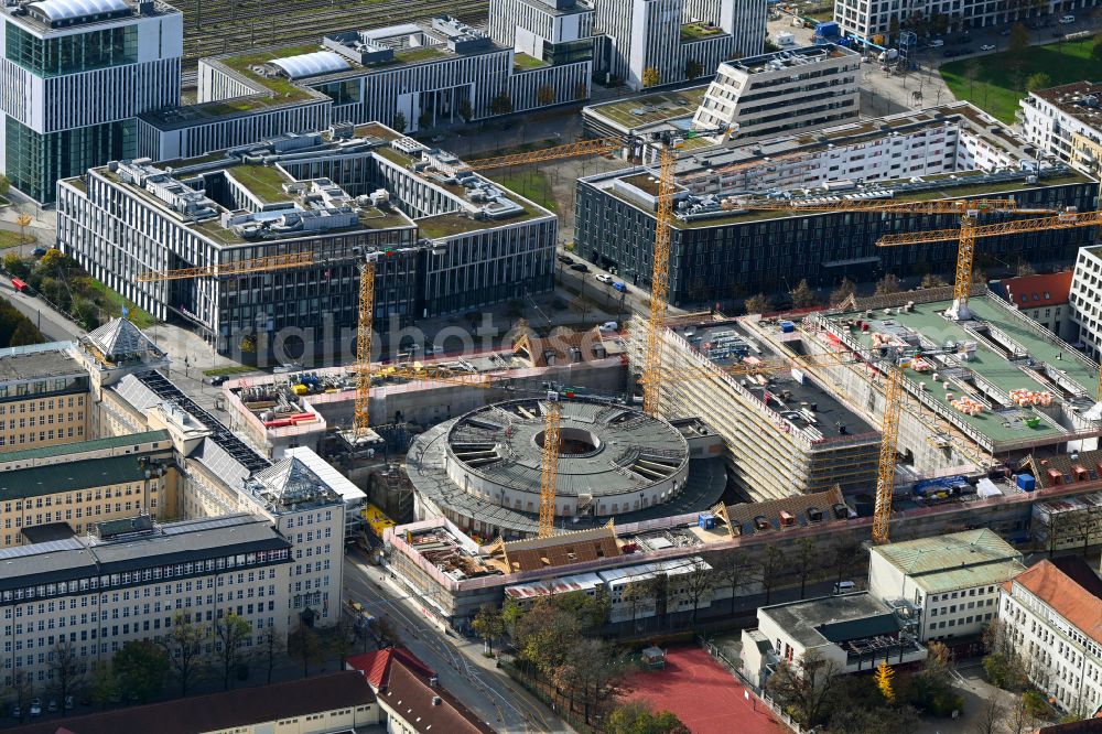 München from above - Construction for the reconstruction of Postpalast in ein Hotel on Arnulfstrasse on street Wredestrasse in the district Maxvorstadt in Munich in the state Bavaria, Germany