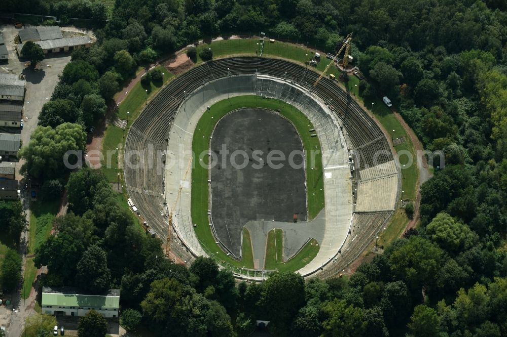Aerial image Chemnitz - Construction site for the restoration and redevelopment of the bicycle race track in the Bernsdorf part of Chemnitz in the state of Saxony. The concrete oval track is being refurbished