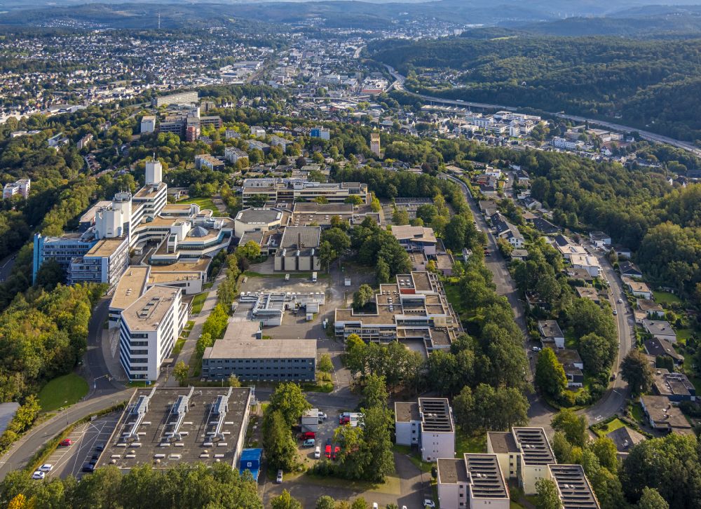 Siegen from the bird's eye view: Construction site for conversion with renovation work at the Universitaet Siegen in Siegen in the state of North Rhine-Westphalia, Germany