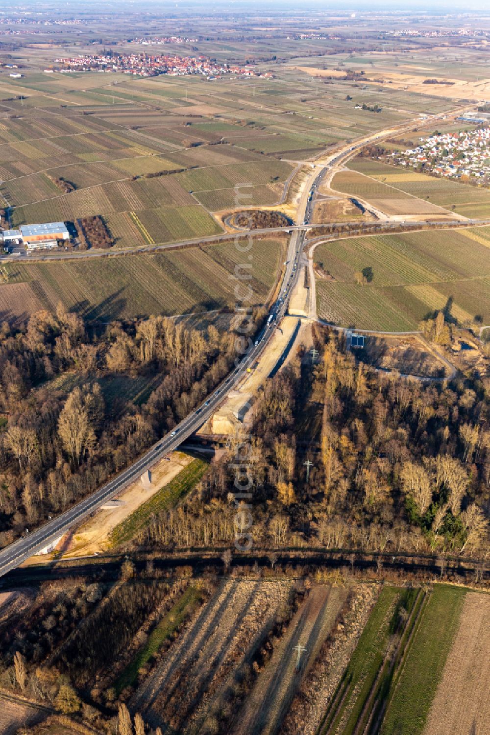 Landau in der Pfalz from above - Construction site of four lanes routing during the exit federal highway B10 in Landau in der Pfalz in the state Rhineland-Palatinate, Germany
