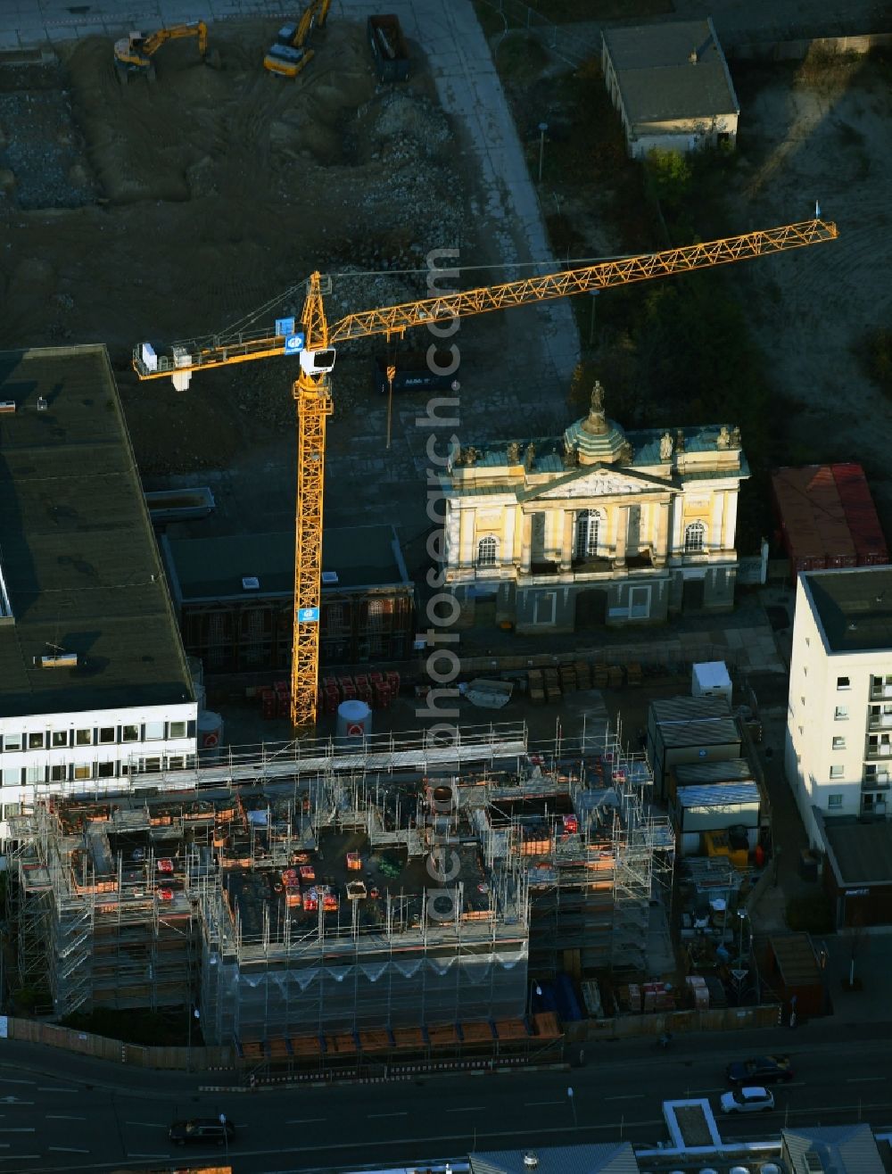Aerial image Potsdam - Construction site for the reconstruction of the garrison church Potsdam in Potsdam in the federal state of Brandenburg, Germany