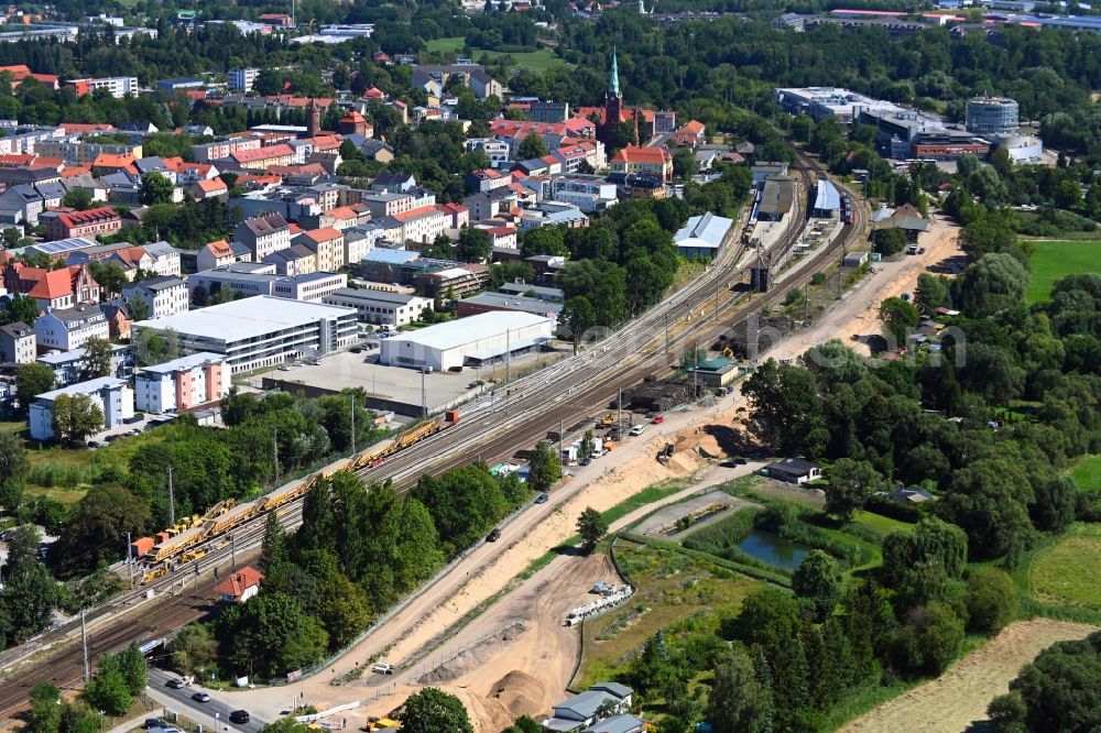 Aerial image Bernau - Construction site for the renewal and rehabilitation of the road Ladestrasse - Schwarzer Weg in Bernau in the state Brandenburg, Germany