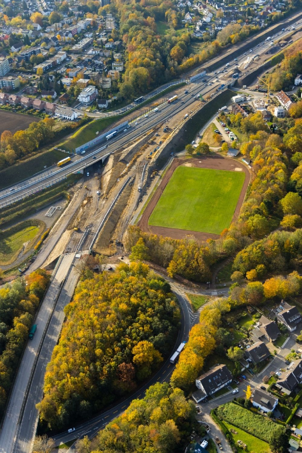 Aerial image Bochum - Construction site for the renewal and rehabilitation of the road of Nordhaussen-Ring in Bochum in the state North Rhine-Westphalia, Germany