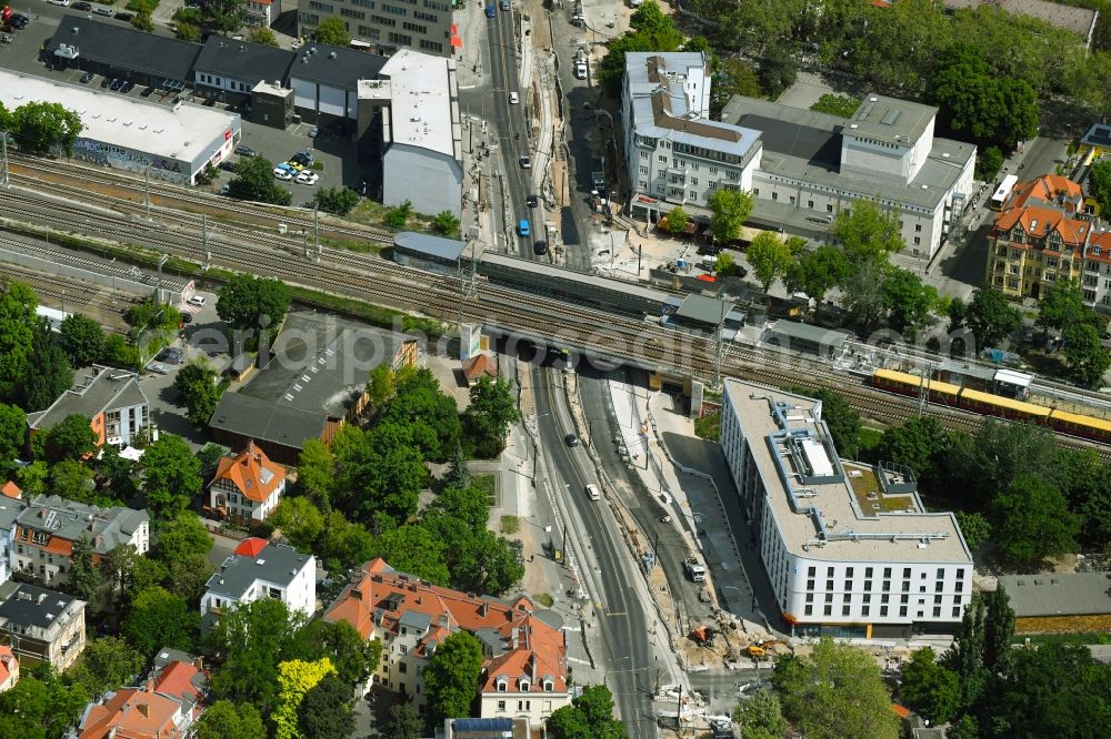 Berlin from above - Construction site for the renewal and rehabilitation of the road of Treskowallee in the district Karlshorst in Berlin, Germany