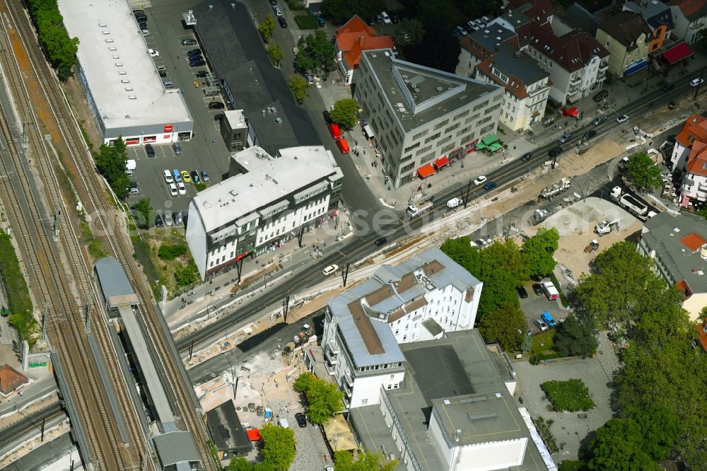 Aerial image Berlin - Construction site for the renewal and rehabilitation of the road of Treskowallee in the district Karlshorst in Berlin, Germany