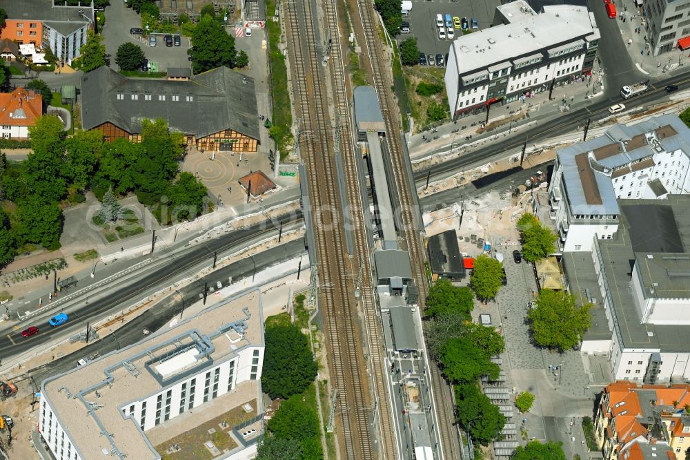 Aerial photograph Berlin - Construction site for the renewal and rehabilitation of the road of Treskowallee in the district Karlshorst in Berlin, Germany