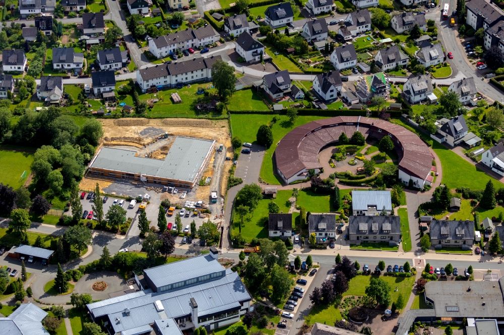 Olsberg from above - New construction site for the construction of a kindergarten building and Nursery school on Pappelallee in Olsberg in the state North Rhine-Westphalia, Germany