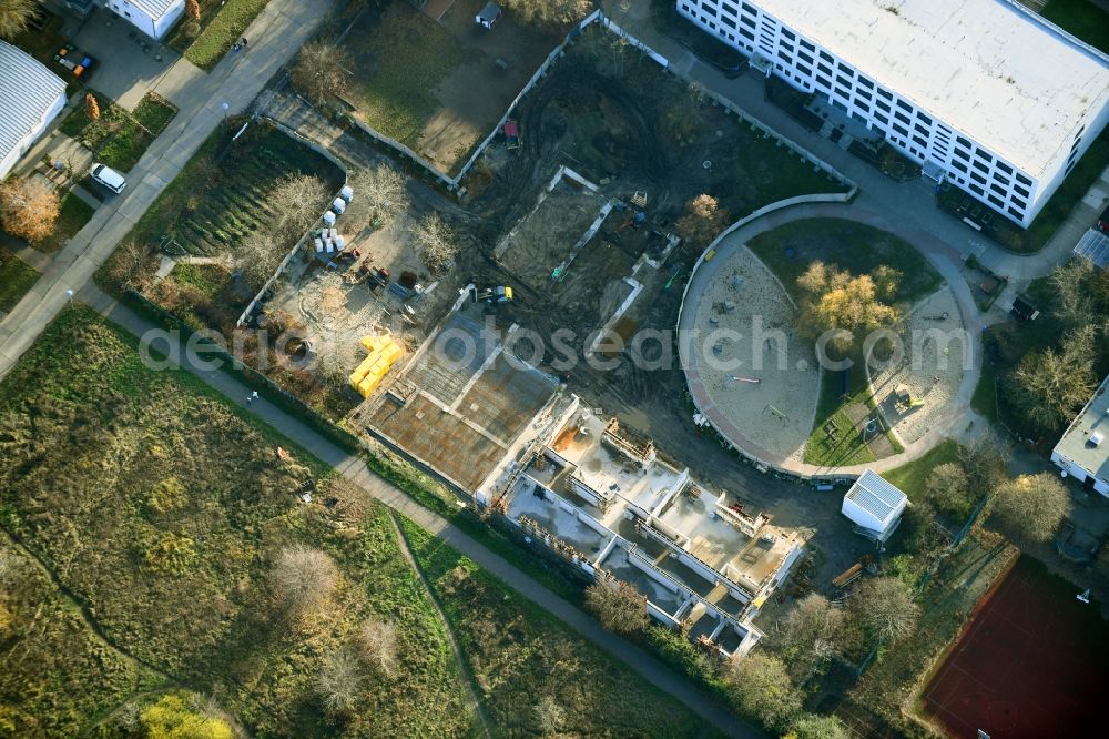 Berlin from above - New construction site for the construction of a kindergarten building and Nursery school on Peter-Huchel-Strasse in the district Kaulsdorf in Berlin, Germany