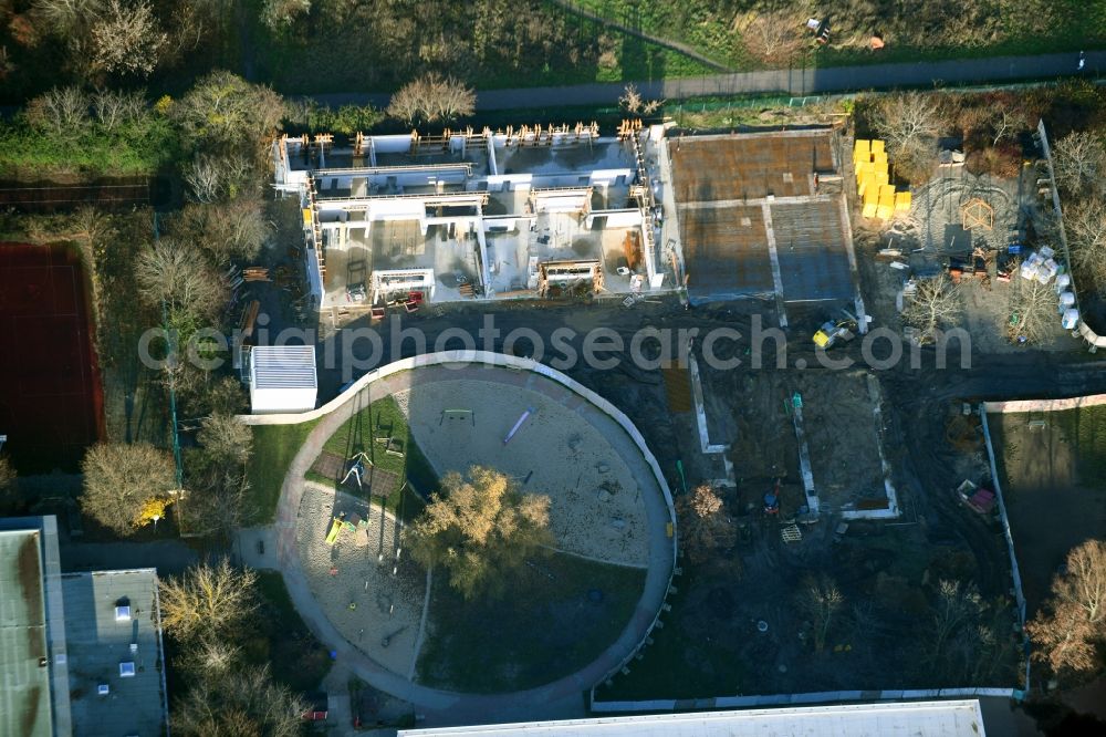 Aerial image Berlin - New construction site for the construction of a kindergarten building and Nursery school on Peter-Huchel-Strasse in the district Kaulsdorf in Berlin, Germany