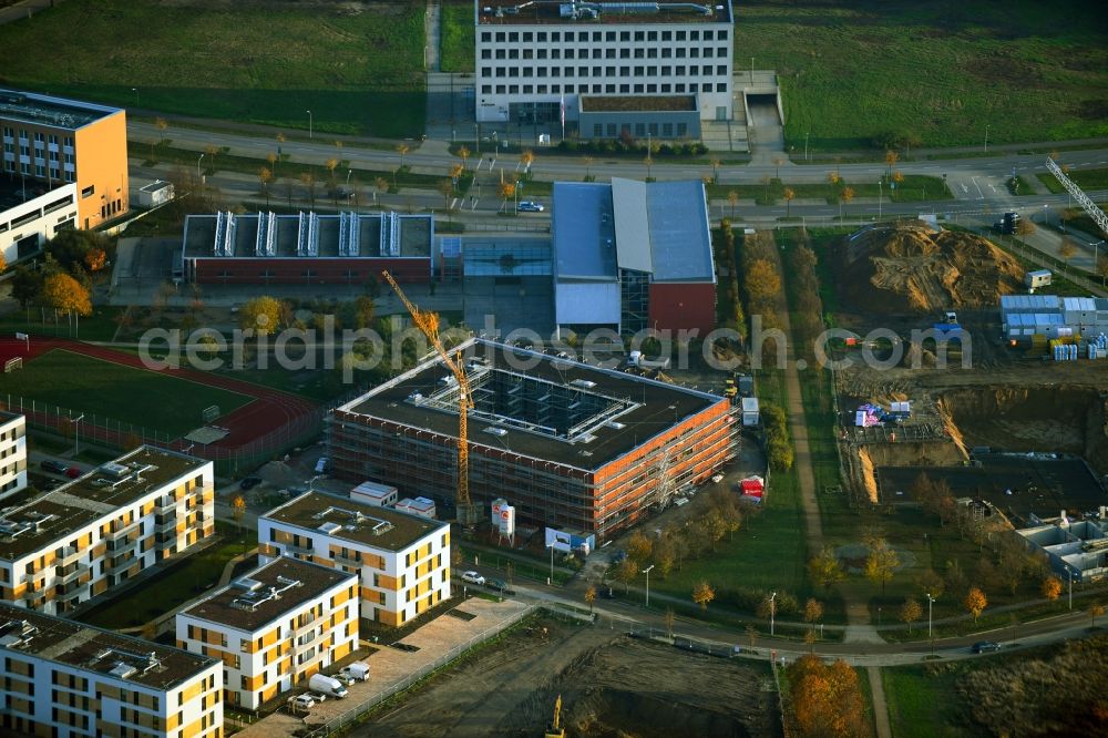 Schönefeld from the bird's eye view: New construction site for the construction of a kindergarten building and Nursery school with integrierter Mensa in Schoenefeld in the state Brandenburg, Germany