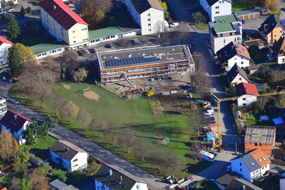 Schopfheim from the bird's eye view: New construction site for the construction of a kindergarten building and nursery school in the area Oberfeld in Schopfheim in the state Baden-Wuerttemberg, Germany