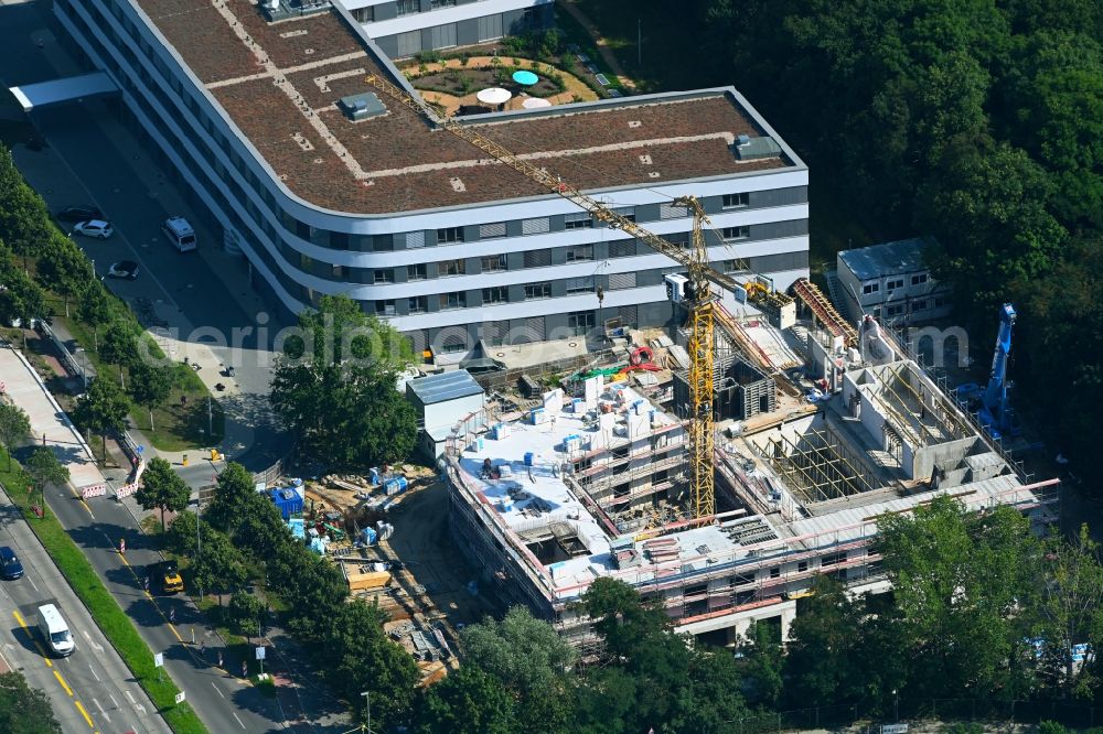 Aerial photograph Berlin - Construction site of the extension new building of the old people's home - Seniorenresidenz Blumberger Damm corner Altentreptower Strasse in the district Biesdorf in Berlin, Germany. DZG GmbH (German Center for Geriatrics) is building the Arona Clinic for Geriatric Medicine on the site based on designs by the architects Kossel & Partner