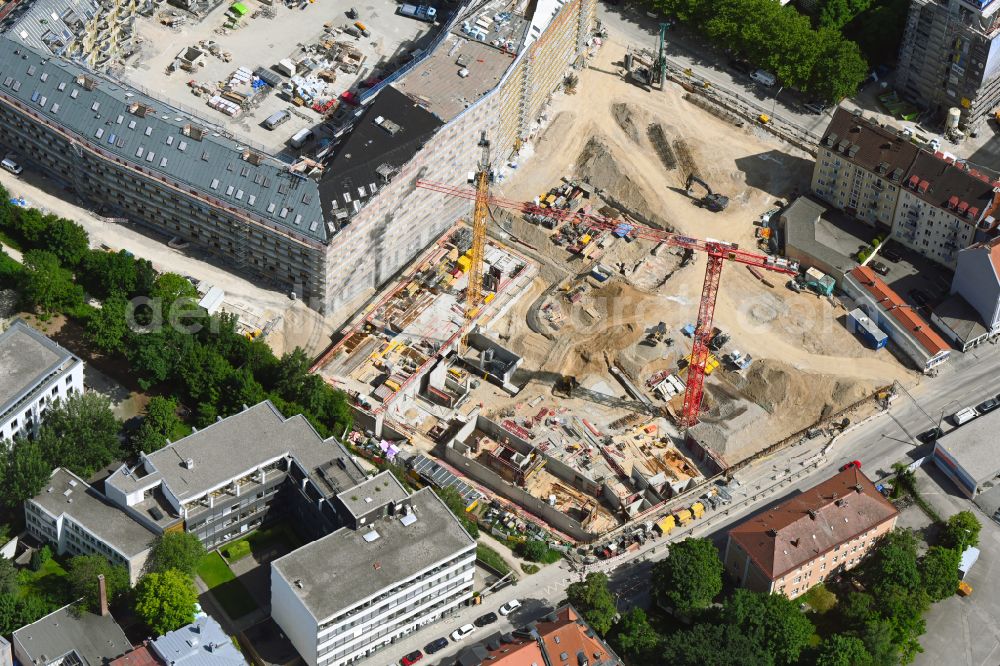 München from above - Construction site for the multi-family residential building on street Hofmannstrasse in the district Obersendling in Munich in the state Bavaria, Germany