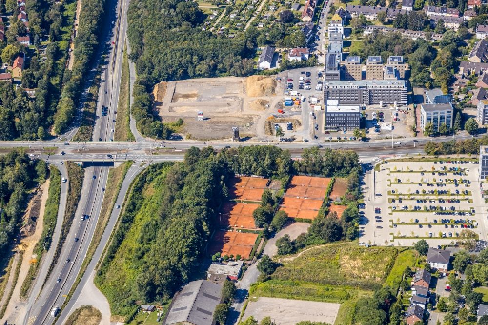 Aerial photograph Bochum - Construction site for the mixed development of residential and commercial space of KAPPEL Grundstuecks- & Verwaltungsgesellschaft mbH at Universitaetsstrasse in Bochum in the federal state of North Rhine-Westphalia, Germany