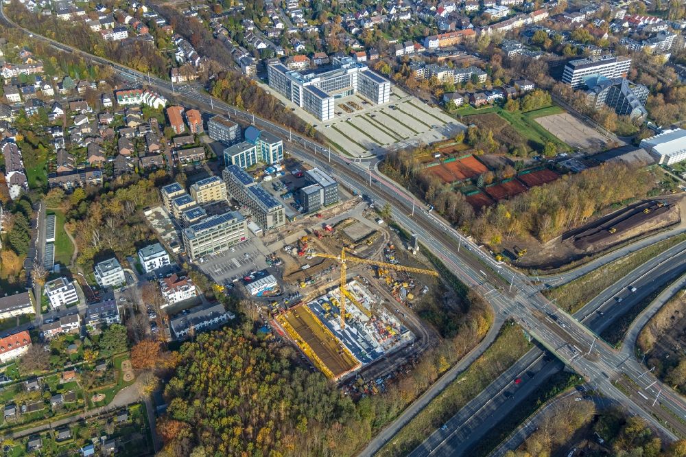 Bochum from above - Construction site for the mixed development of residential and commercial space on the Seven-Stones-Areal at Universitaetsstrasse in Bochum in the federal state of North Rhine-Westphalia, Germany