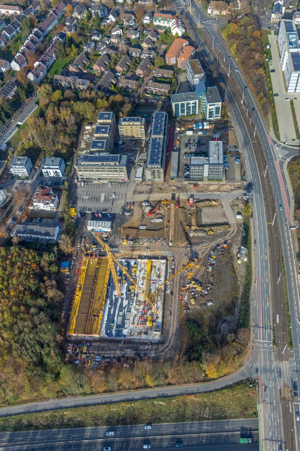 Aerial image Bochum - Construction site for the mixed development of residential and commercial space on the Seven-Stones-Areal at Universitaetsstrasse in Bochum in the federal state of North Rhine-Westphalia, Germany