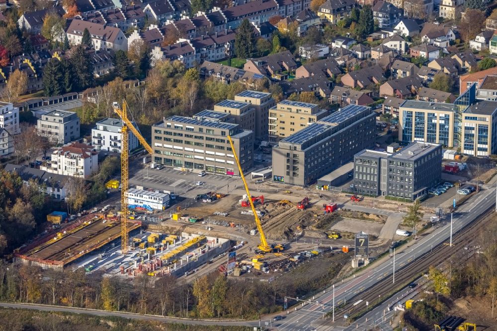 Aerial photograph Bochum - Construction site for the mixed development of residential and commercial space on the Seven-Stones-Areal at Universitaetsstrasse in Bochum in the federal state of North Rhine-Westphalia, Germany