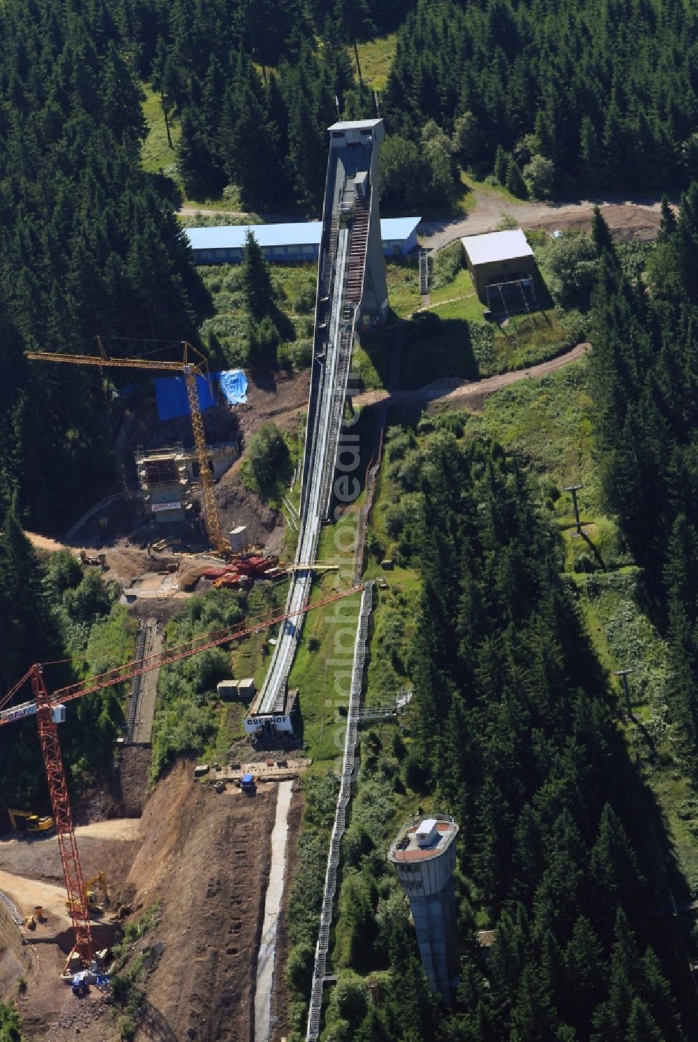 Oberhof from the bird's eye view: Construction site for the upgrading and renovation of the ski jump in Kanzlersgrund in Oberhof in Thuringia