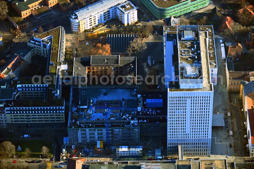 Berlin from above - Construction site for the renovation of a building on the clinic premises of the hospital CHARITE on Luisenstrasse corner Hannoversche Strasse in the district Mitte in Berlin, Germany
