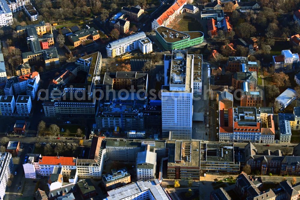 Berlin from the bird's eye view: Construction site for the renovation of a building on the clinic premises of the hospital CHARITE on Luisenstrasse corner Hannoversche Strasse in the district Mitte in Berlin, Germany