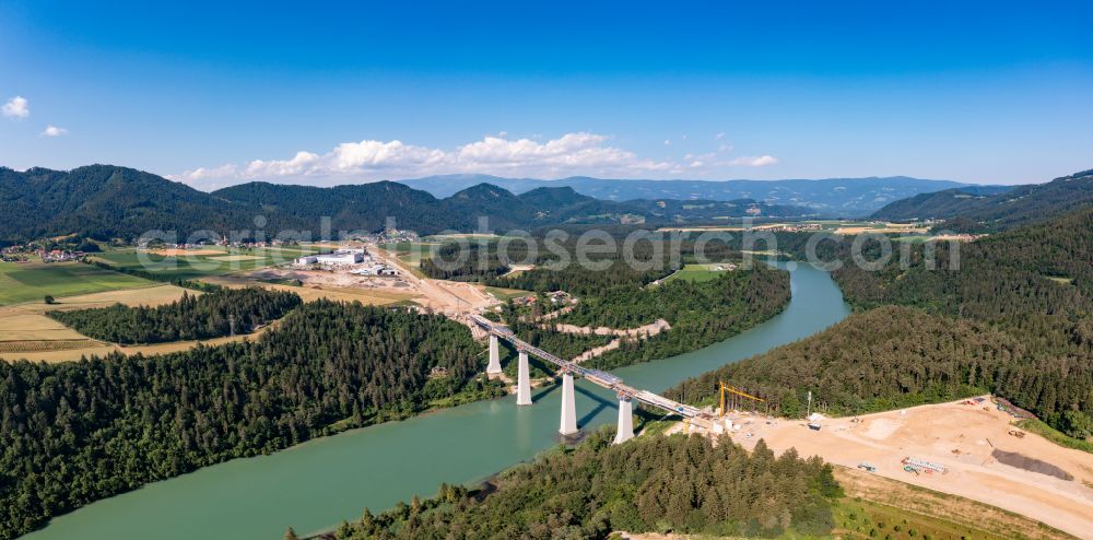 Aerial photograph Bleiburg - Construction for the renovation of the railway bridge building to route the train tracks Jauntalbruecke in Bleiburg in Kaernten, Austria