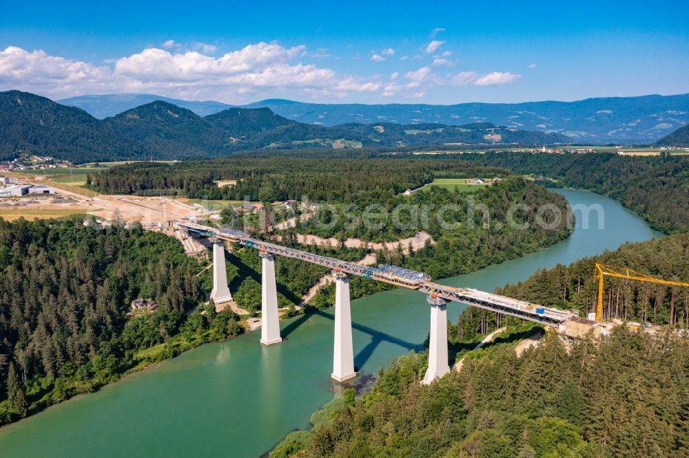 Aerial image Bleiburg - Construction for the renovation of the railway bridge building to route the train tracks Jauntalbruecke in Bleiburg in Kaernten, Austria