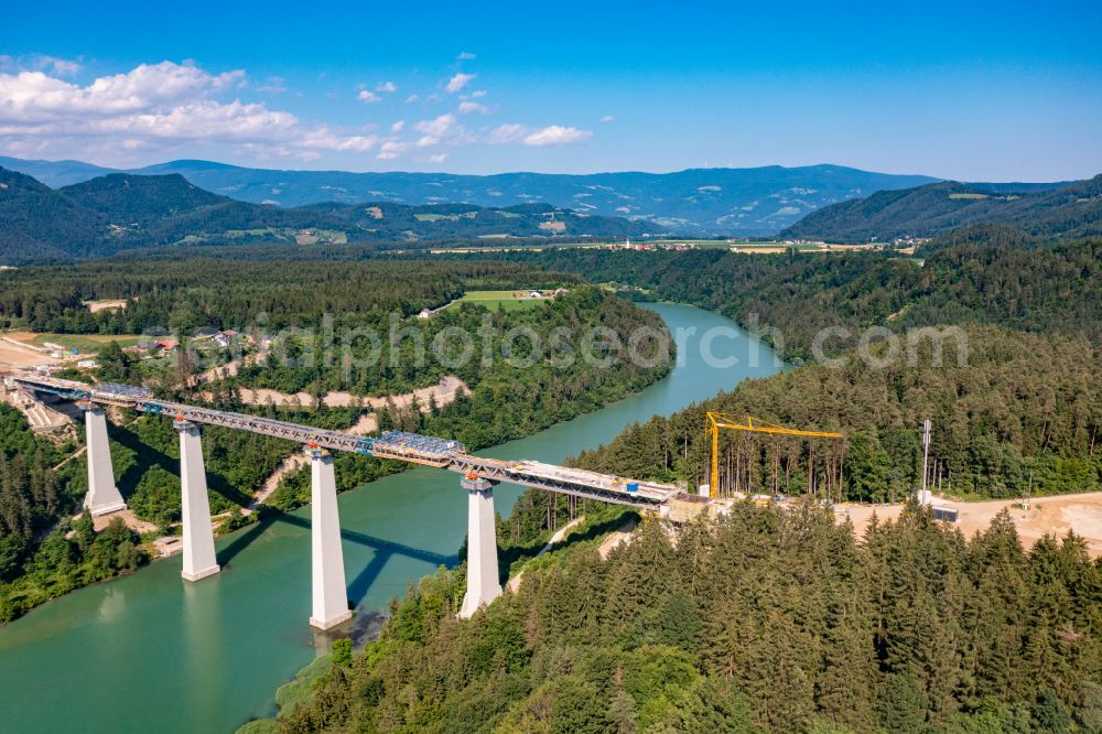 Aerial photograph Bleiburg - Construction for the renovation of the railway bridge building to route the train tracks Jauntalbruecke in Bleiburg in Kaernten, Austria