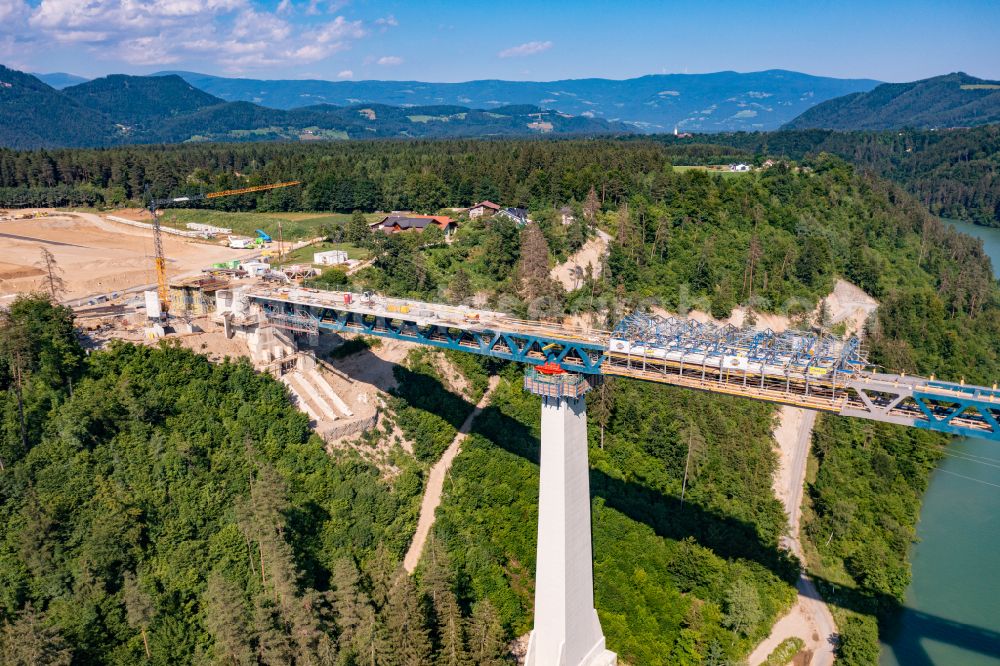 Bleiburg from the bird's eye view: Construction for the renovation of the railway bridge building to route the train tracks Jauntalbruecke in Bleiburg in Kaernten, Austria