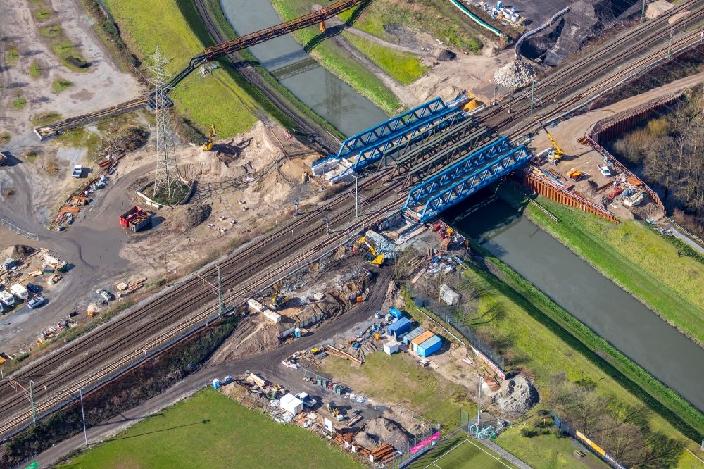Oberhausen from above - Construction for the renovation of the railway bridge building to route the train tracks about the river Emscher in Oberhausen in the state North Rhine-Westphalia, Germany