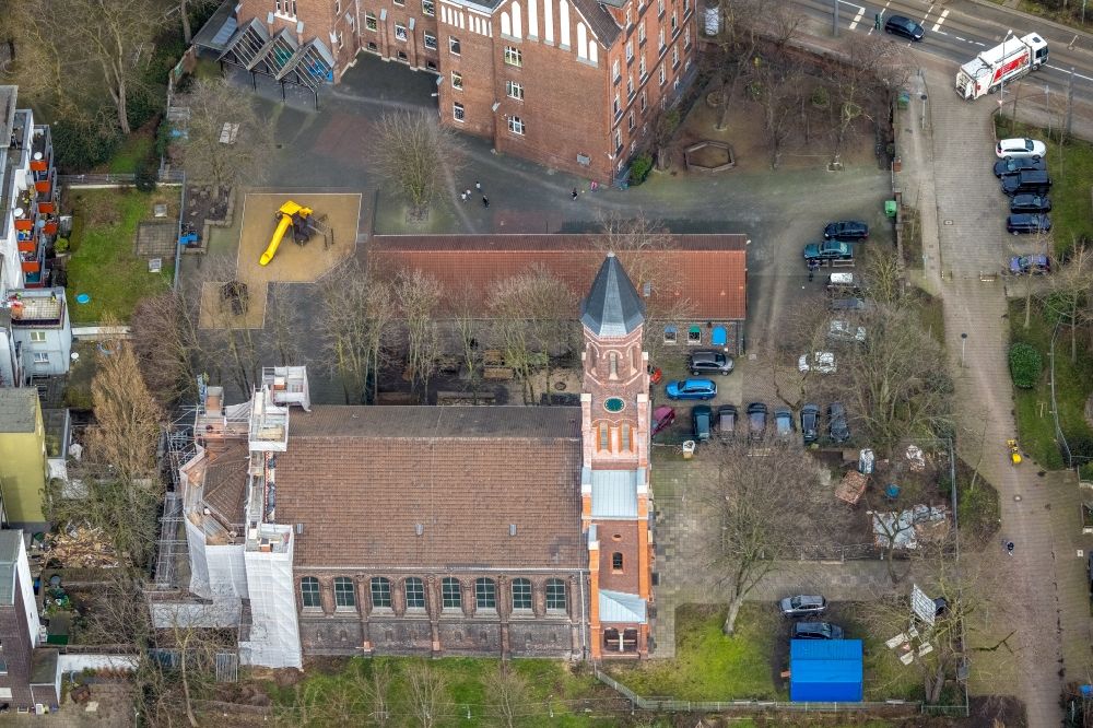 Aerial image Oberhausen - Construction for the reconstruction of Christuskirche on Nohlstrasse in Oberhausen at Ruhrgebiet in the state North Rhine-Westphalia, Germany