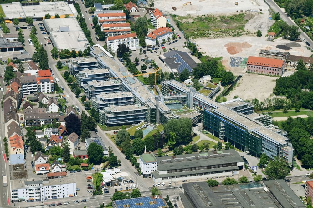 Augsburg from above - Construction site for refurbishment of the building complex of the German pension insurance Swabia in Augsburg in the federal state of Bavaria, Germany