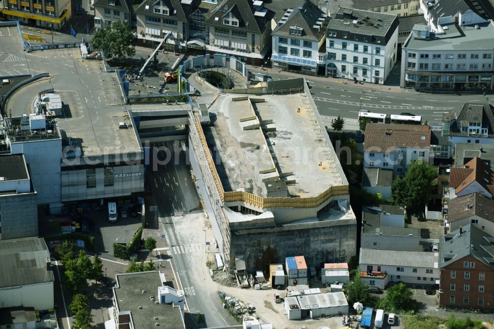 Gießen from above - Building site to the renovation of the multi-storey car park beside the department store Karstadt in Giessen in the federal state Hessen, Germany
