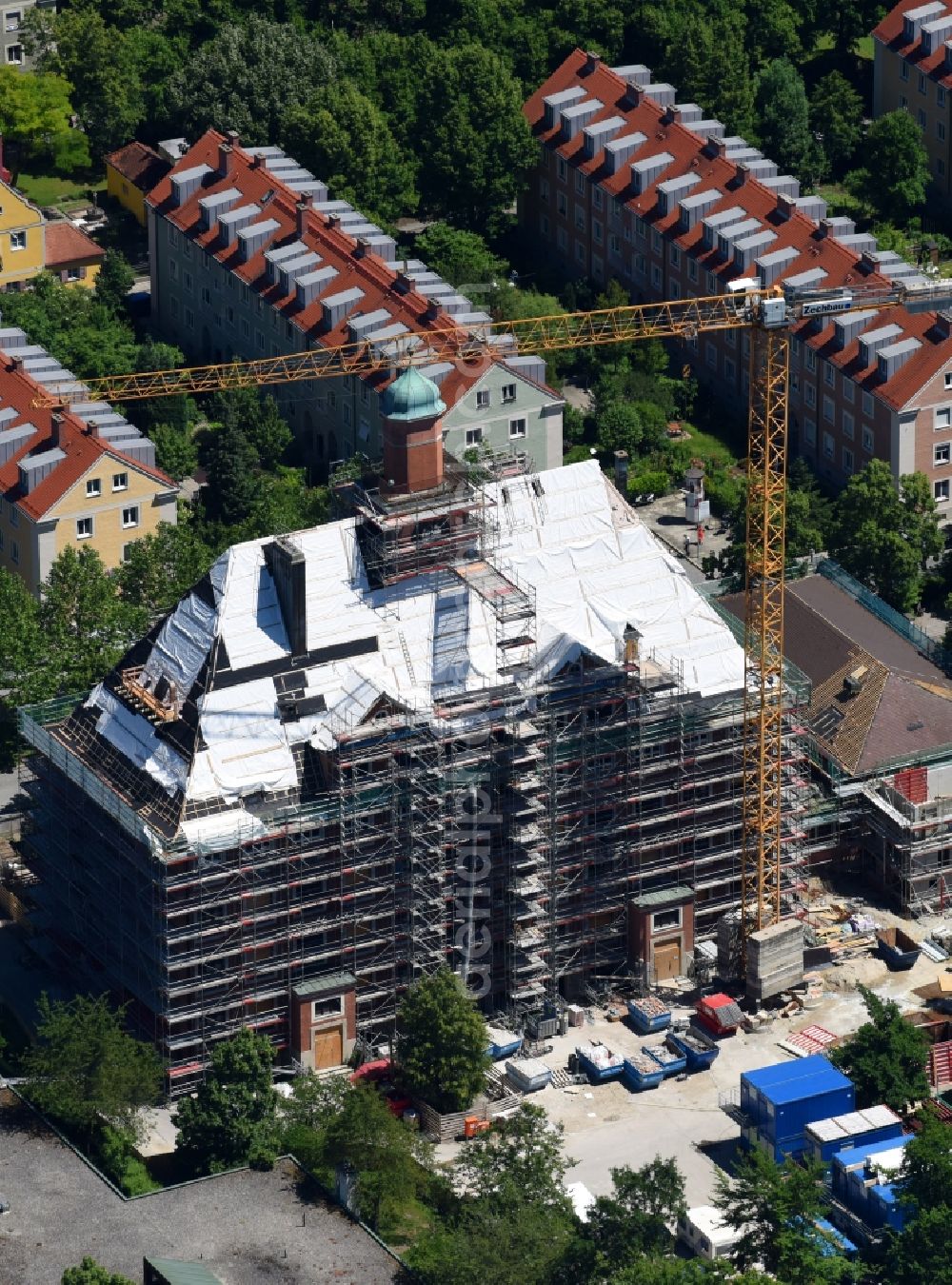 München from above - New construction site of the school building of Grundschule on Froettmaninger Strasse in Munich in the state Bavaria, Germany
