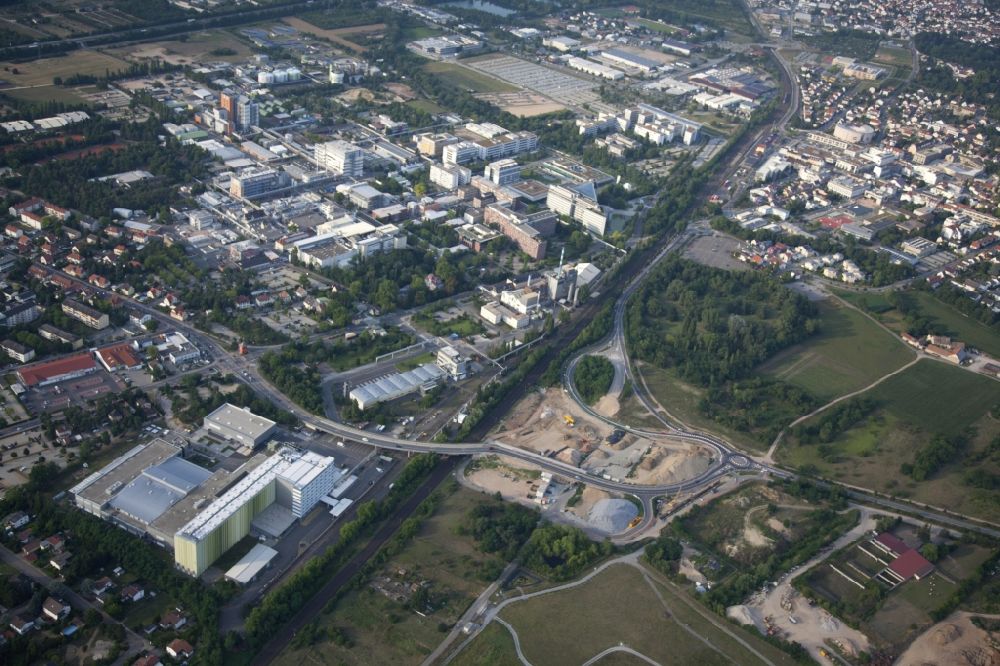 Aerial image Ingelheim am Rhein - Construction site for the renovation of two old disposal sites of the pharmaceutical company Boehringer Ingelheim in Ingelheim am Rhein in the state of Rhineland-Palatinate, Germany. Behind the railway line the factory site