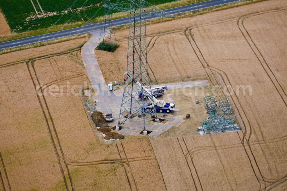 Aerial image Rosdorf - Construction on electric pole installation in Rosdorf in the state Lower Saxony, Germany