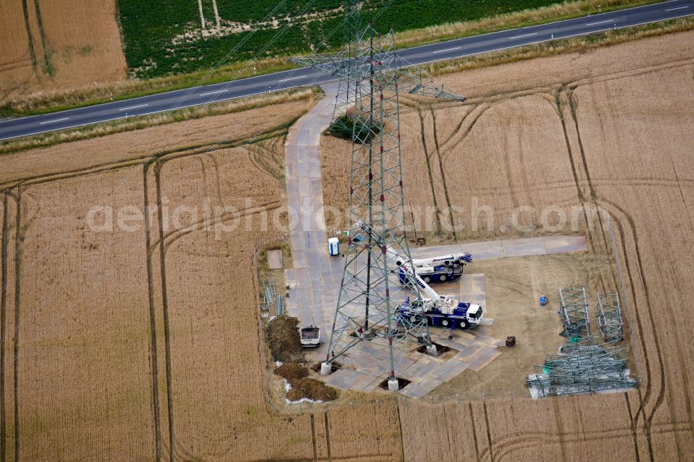 Aerial photograph Rosdorf - Construction on electric pole installation in Rosdorf in the state Lower Saxony, Germany