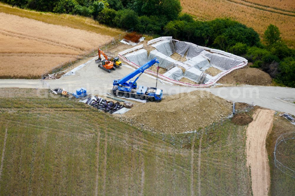 Aerial photograph Rosdorf - Construction on electric pole installation in Rosdorf in the state Lower Saxony, Germany