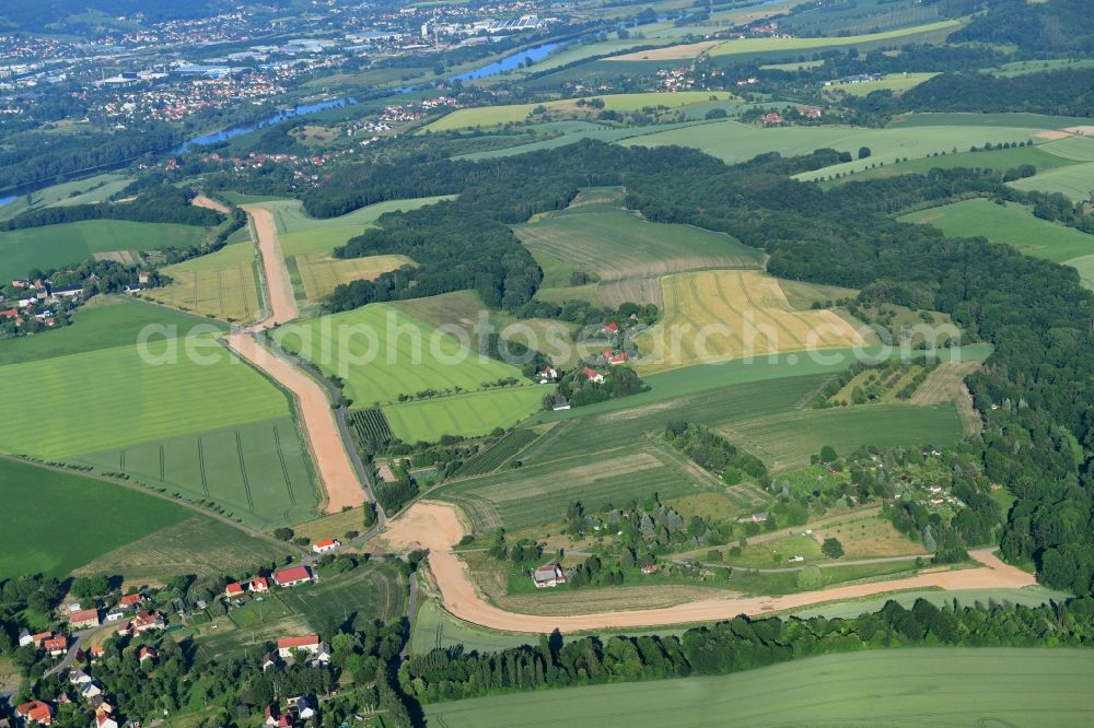 Naustadt from above - Construction site with earthworks and landfills for the laying of pipelines of the new European Gas Lines (Eugal) on a field near Gross Koeris in the state Brandenburg, Germany