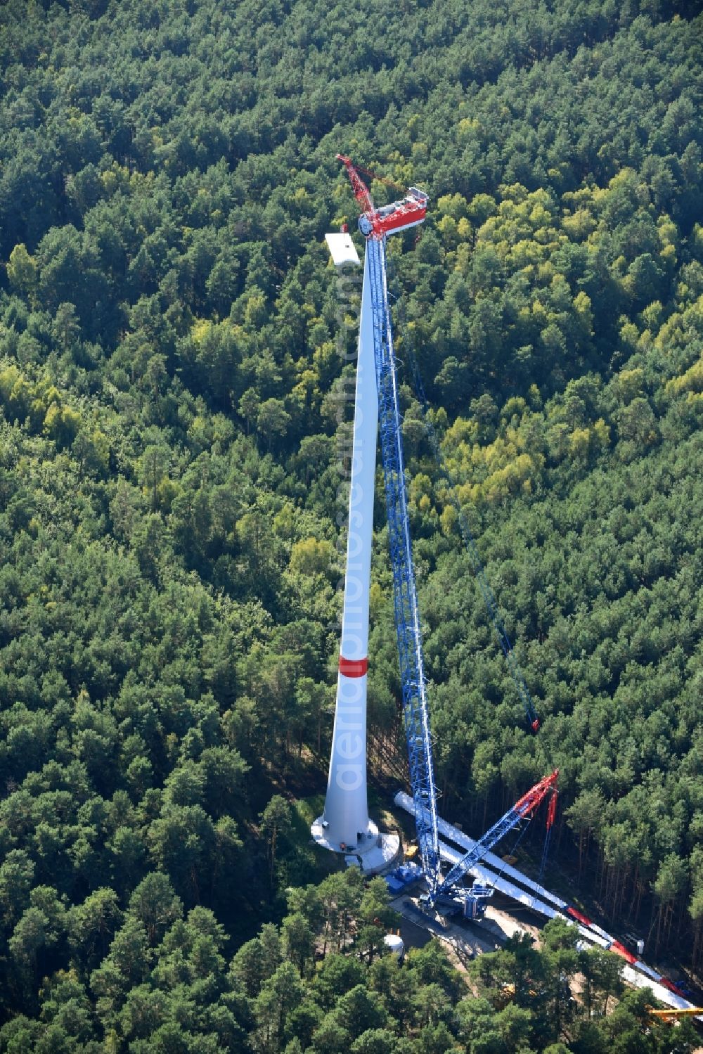 Aerial photograph Spreenhagen - Construction site for wind turbine installation of ABO Wind AG in Spreenhagen in the state Brandenburg