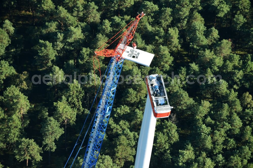 Spreenhagen from the bird's eye view: Construction site for wind turbine installation of ABO Wind AG in Spreenhagen in the state Brandenburg