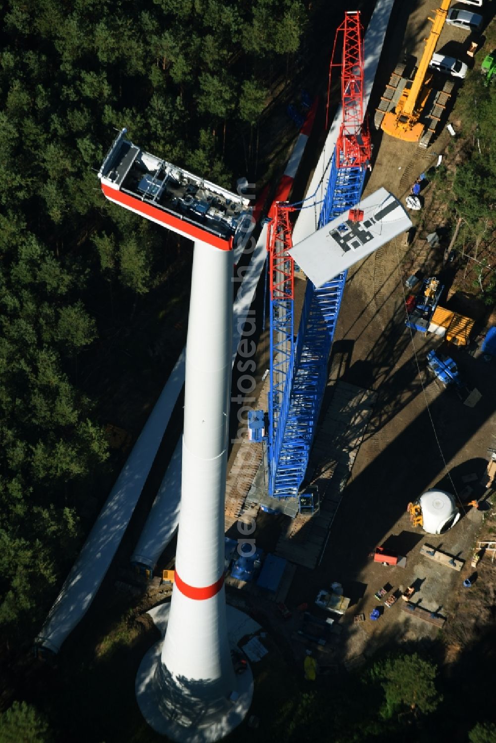 Aerial image Spreenhagen - Construction site for wind turbine installation of ABO Wind AG in Spreenhagen in the state Brandenburg