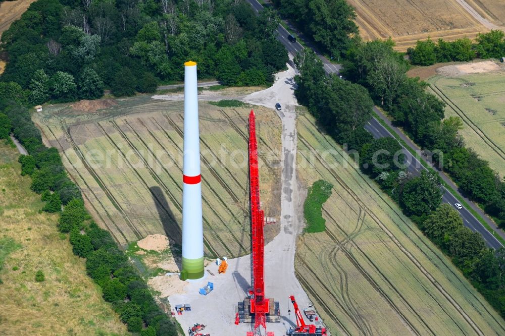Aerial image Berlin - Construction site for wind turbine installation in the district Stadtrandsiedlung Malchow in Berlin, Germany