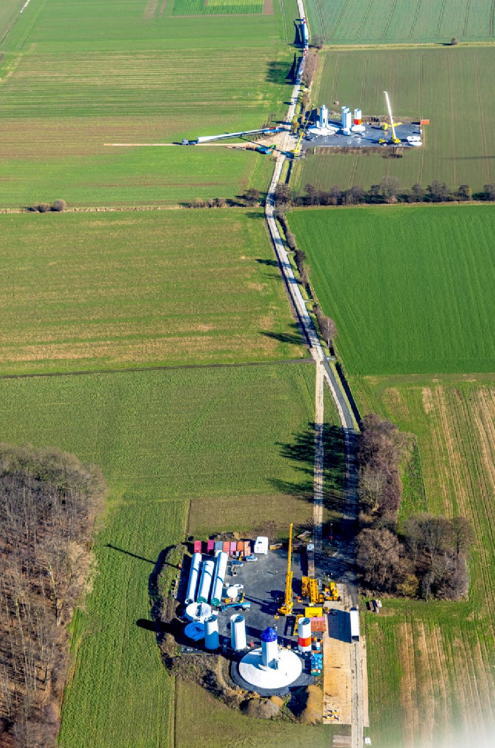 Freiske from above - Construction site for wind turbine tower assembly on a field in Freiske in the Ruhr area in the state of North Rhine-Westphalia, Germany
