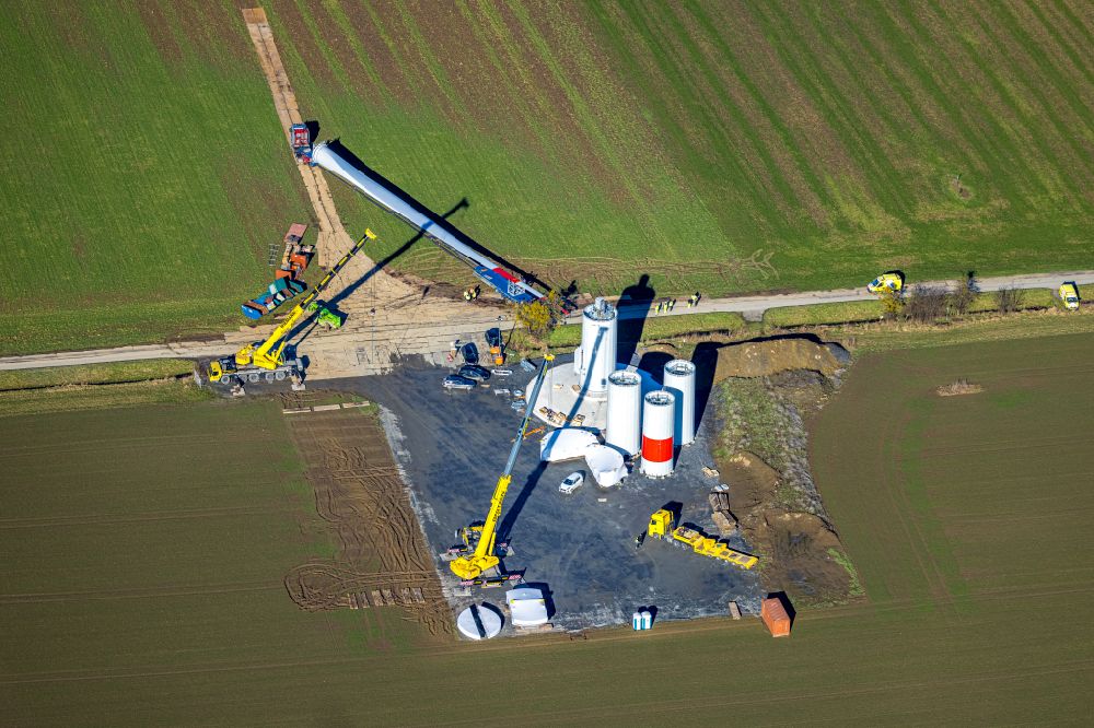 Freiske from the bird's eye view: Construction site for wind turbine tower assembly on a field in Freiske in the Ruhr area in the state of North Rhine-Westphalia, Germany