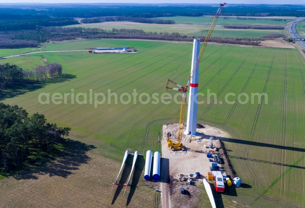 Aerial image Hoort - Construction site for wind turbine installation on a field in Hoort in the state Mecklenburg - Western Pomerania, Germany