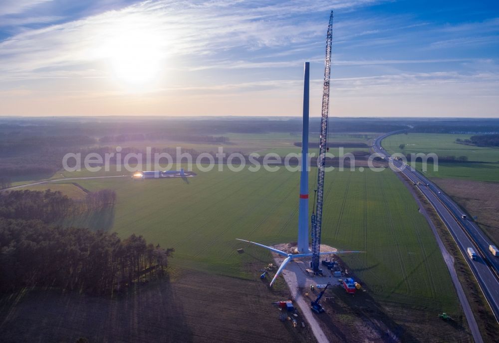 Hoort from above - Construction site for wind turbine installation on a field in Hoort in the state Mecklenburg - Western Pomerania, Germany